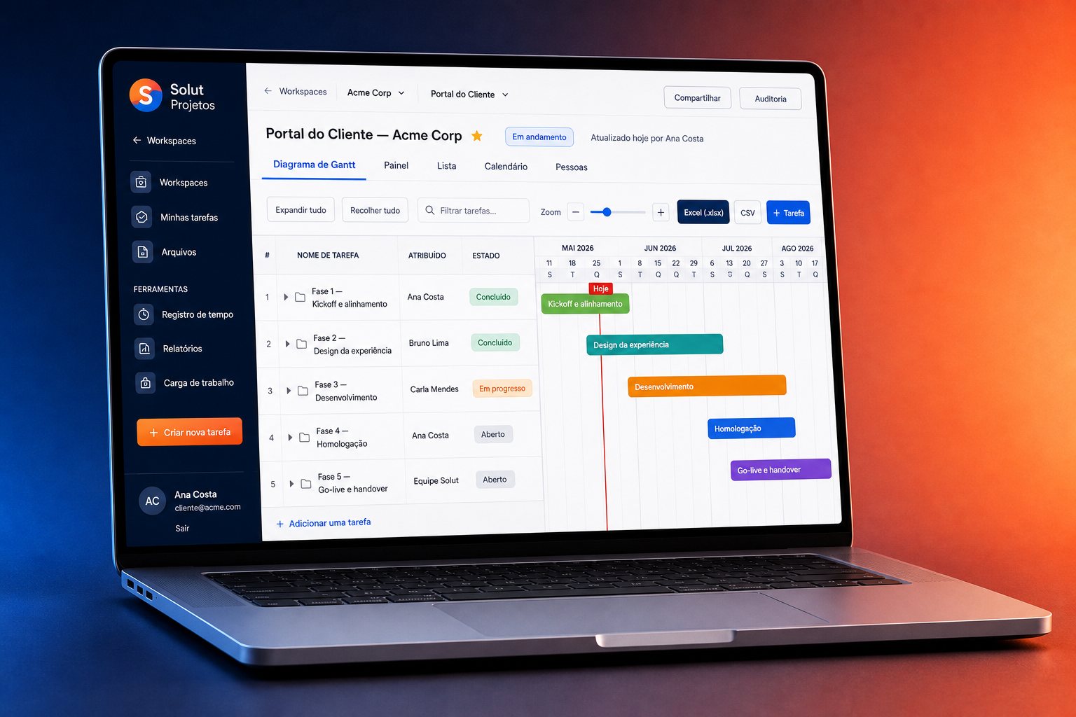Notebook com o ProjectHub mostrando o diagrama de Gantt